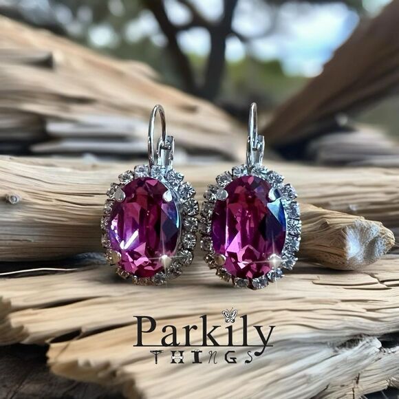 Handcrafted earrings with sparkly fuchsia Swarovski crystal - Picture 1 of 5